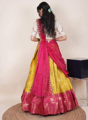 South Indian Style Half Saree With Beads & Hand Work Blouse & Dupatta for Women 2