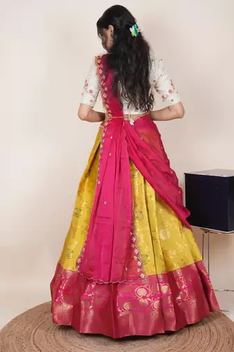 South Indian Style Half Saree With Beads & Hand Work Blouse & Dupatta for Women