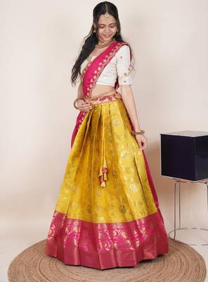 South Indian Style Half Saree With Beads & Hand Work Blouse & Dupatta for Women 3
