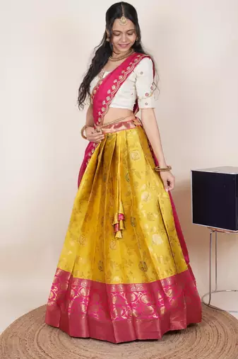 South Indian Style Half Saree With Beads & Hand Work Blouse & Dupatta for Women