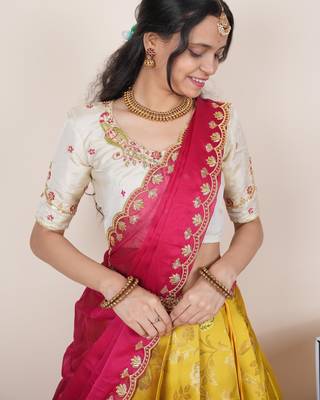 South Indian Style Half Saree With Beads & Hand Work Blouse & Dupatta for Women 4