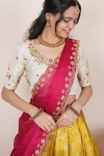South Indian Style Half Saree With Beads & Hand Work Blouse & Dupatta for Women