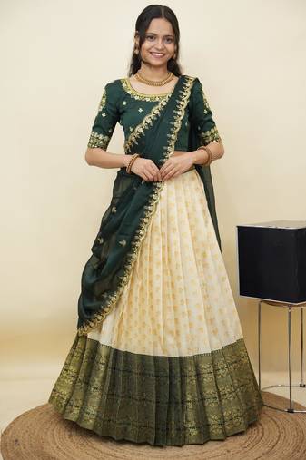 South Indian Style Half Saree With Embroidery Work Blouse & Dupatta for Women
