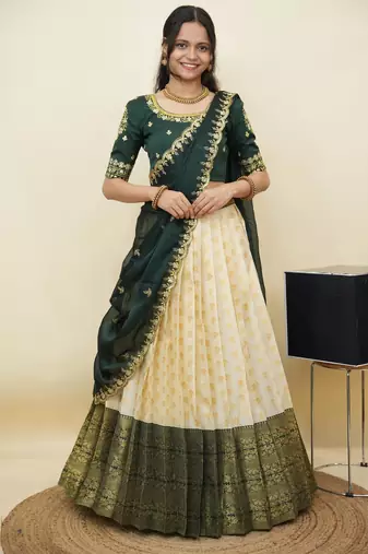South Indian Style Half Saree With Embroidery Work Blouse & Dupatta for Women
