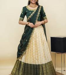 South Indian Style Half Saree With Embroidery Work Blouse & Dupatta for Women