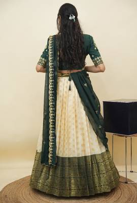 South Indian Style Half Saree With Embroidery Work Blouse & Dupatta for Women 2
