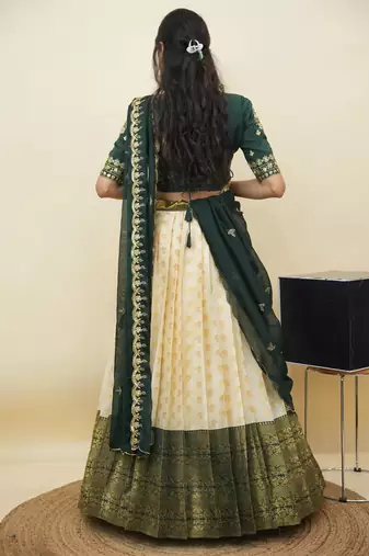 South Indian Style Half Saree With Embroidery Work Blouse & Dupatta for Women