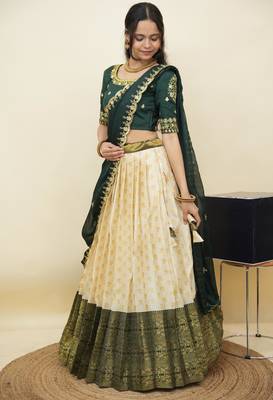 South Indian Style Half Saree With Embroidery Work Blouse & Dupatta for Women 3