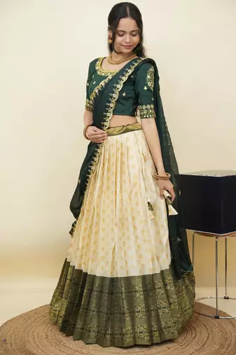 South Indian Style Half Saree With Embroidery Work Blouse & Dupatta for Women