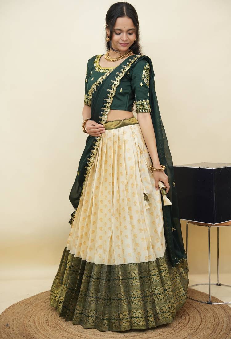 South Indian Style Half Saree With Embroidery Work Blouse & Dupatta for Women