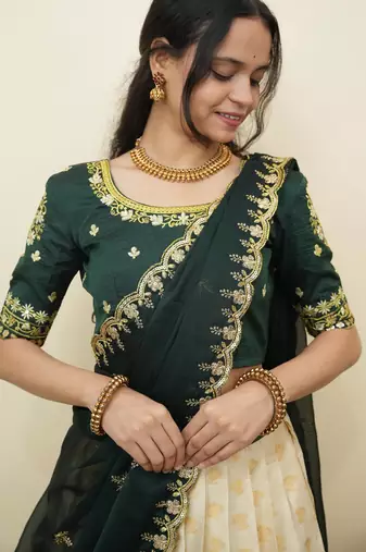 South Indian Style Half Saree With Embroidery Work Blouse & Dupatta for Women