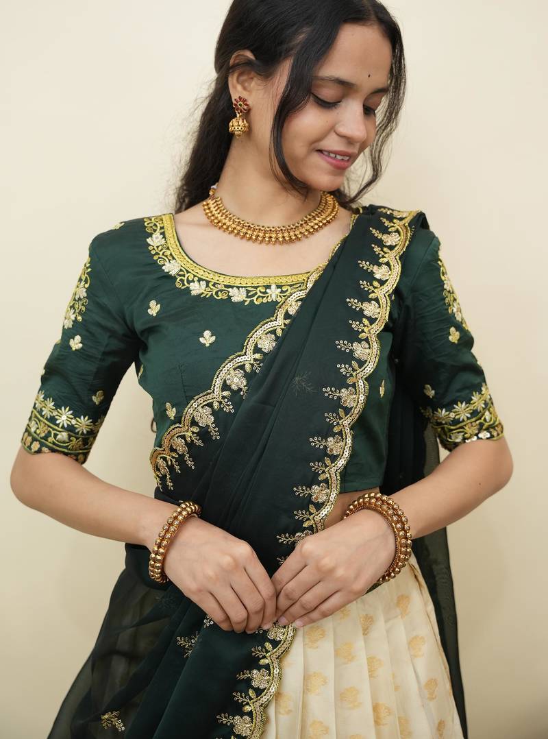 South Indian Style Half Saree With Embroidery Work Blouse & Dupatta for Women