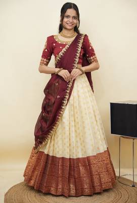 South Indian Style Half Saree With Embroidery Work Blouse & Dupatta for Women 1