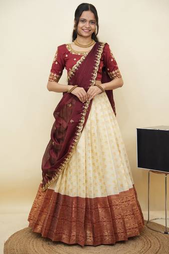 South Indian Style Half Saree With Embroidery Work Blouse & Dupatta for Women