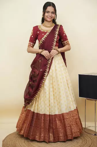 South Indian Style Half Saree With Embroidery Work Blouse & Dupatta for Women