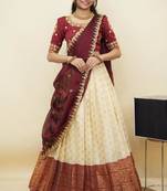 South Indian Style Half Saree With Embroidery Work Blouse & Dupatta for Women