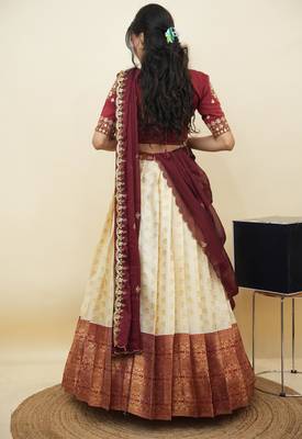 South Indian Style Half Saree With Embroidery Work Blouse & Dupatta for Women 2