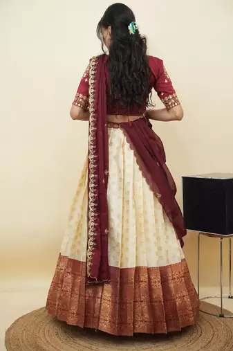 South Indian Style Half Saree With Embroidery Work Blouse & Dupatta for Women