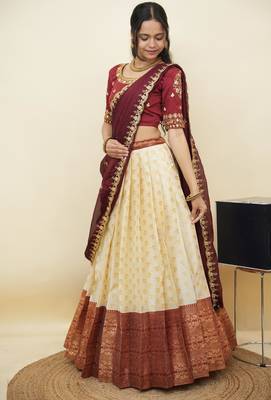 South Indian Style Half Saree With Embroidery Work Blouse & Dupatta for Women 3