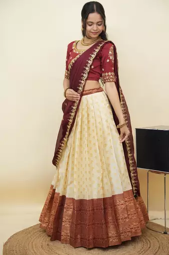 South Indian Style Half Saree With Embroidery Work Blouse & Dupatta for Women