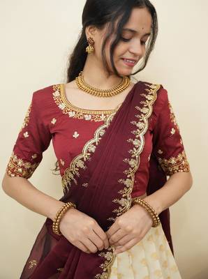 South Indian Style Half Saree With Embroidery Work Blouse & Dupatta for Women 4
