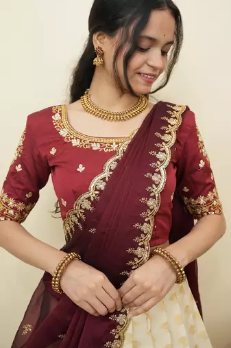 South Indian Style Half Saree With Embroidery Work Blouse & Dupatta for Women
