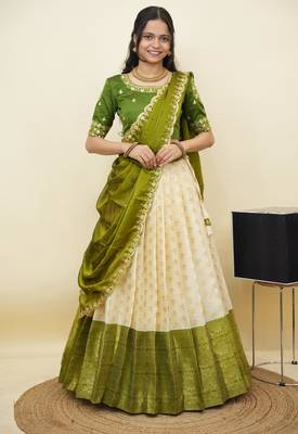 South Indian Style Half Saree With Embroidery Work Blouse & Dupatta for Women 1