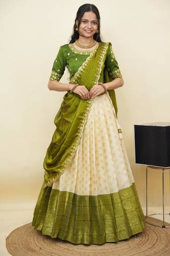 South Indian Style Half Saree With Embroidery Work Blouse & Dupatta for Women