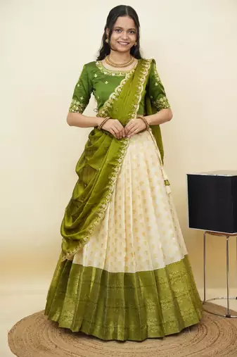South Indian Style Half Saree With Embroidery Work Blouse & Dupatta for Women