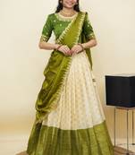 South Indian Style Half Saree With Embroidery Work Blouse & Dupatta for Women