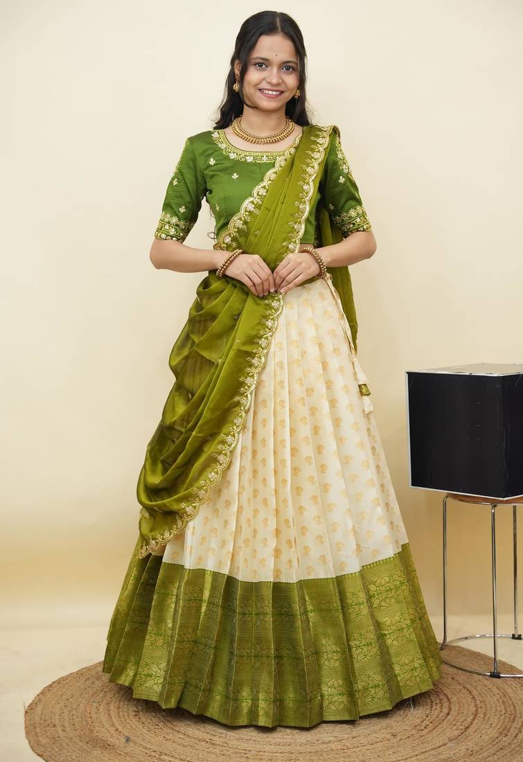 South Indian Style Half Saree With Embroidery Work Blouse & Dupatta for Women