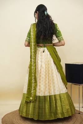 South Indian Style Half Saree With Embroidery Work Blouse & Dupatta for Women 2
