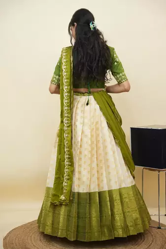 South Indian Style Half Saree With Embroidery Work Blouse & Dupatta for Women