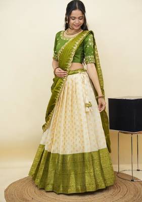 South Indian Style Half Saree With Embroidery Work Blouse & Dupatta for Women 3