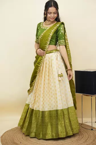 South Indian Style Half Saree With Embroidery Work Blouse & Dupatta for Women