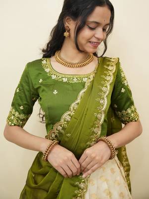 South Indian Style Half Saree With Embroidery Work Blouse & Dupatta for Women 4