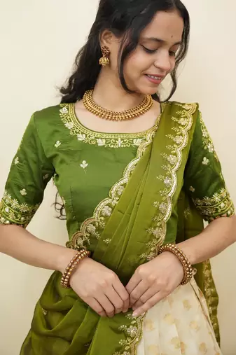 South Indian Style Half Saree With Embroidery Work Blouse & Dupatta for Women