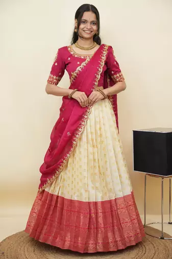 South Indian Style Half Saree With Embroidery Work Blouse & Dupatta for Women
