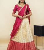 South Indian Style Half Saree With Embroidery Work Blouse & Dupatta for Women