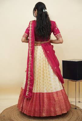 South Indian Style Half Saree With Embroidery Work Blouse & Dupatta for Women 2