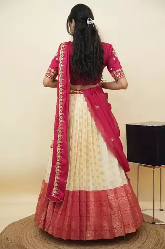 South Indian Style Half Saree With Embroidery Work Blouse & Dupatta for Women
