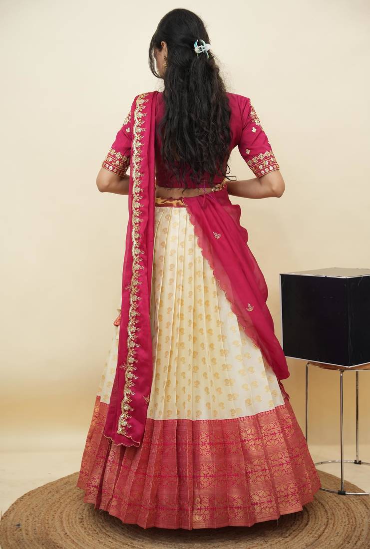South Indian Style Half Saree With Embroidery Work Blouse & Dupatta for Women