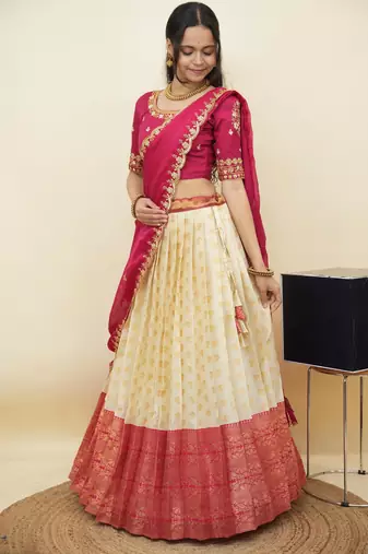 South Indian Style Half Saree With Embroidery Work Blouse & Dupatta for Women