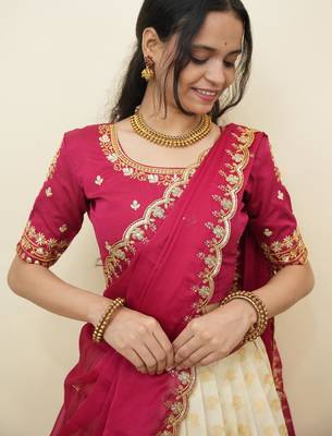 South Indian Style Half Saree With Embroidery Work Blouse & Dupatta for Women 4