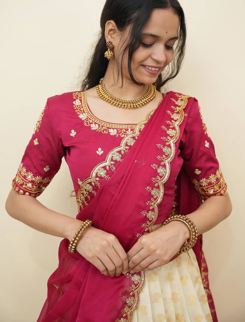 South Indian Style Half Saree With Embroidery Work Blouse & Dupatta for Women
