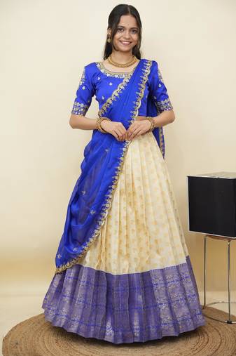South Indian Style Half Saree With Embroidery Work Blouse & Dupatta for Women