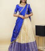 South Indian Style Half Saree With Embroidery Work Blouse & Dupatta for Women
