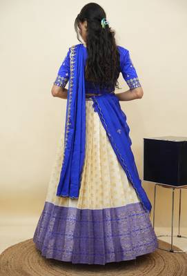 South Indian Style Half Saree With Embroidery Work Blouse & Dupatta for Women 2