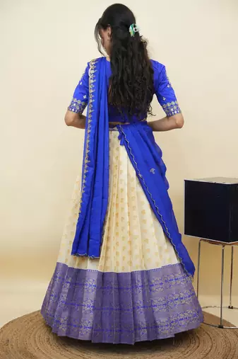 South Indian Style Half Saree With Embroidery Work Blouse & Dupatta for Women