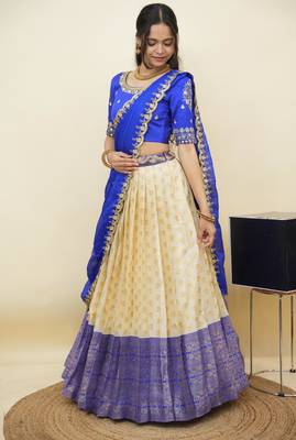 South Indian Style Half Saree With Embroidery Work Blouse & Dupatta for Women 3